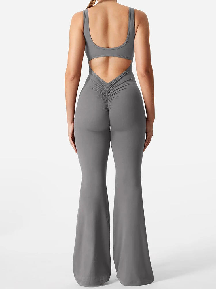 New Women's Sexy Hottie Style Backless One-piece Suit Sports Fitness Yoga Pullover One-piece Suit Flared Pants FashionMojos.com