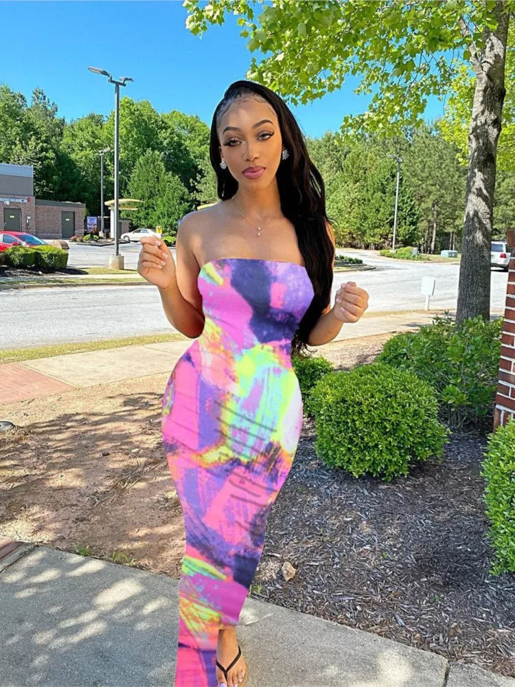 Spring And Summer Dresses For Women Chest Wrap Printed Off Shoulder Bandage Slim Sexy Long Dress