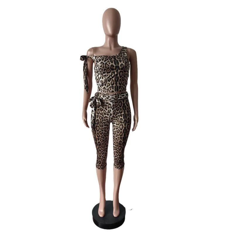 Weird Puss Summer 2 Piece Set Women Leopard Print Inclined Shoulder Tank Tops+Shorts Stretch Tight Matching Streetwear Outfits