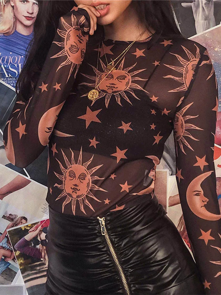 Sun Moon Printed Transparent Mesh Sexy T-Shirt Women O-Neck Long Sleeve Slim Basic Casual Female Tops Spring New