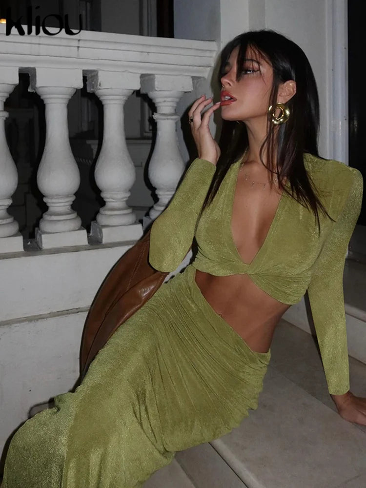 kliou Asymmetrical Waistless Women Dress Simple Solid Deep V-neck Sheath Trend Frock Sexy Popular High Street Banquet Lady Robe