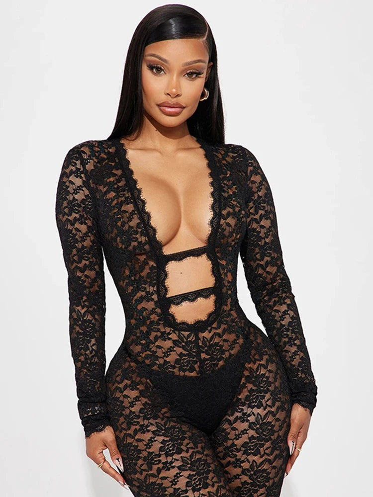 kliou Embroidered See Through Women Jumpsuits Sexy Hot Lace Deep V-neck Trim Skinny Overalls Female Stunning Nighout Clubwear