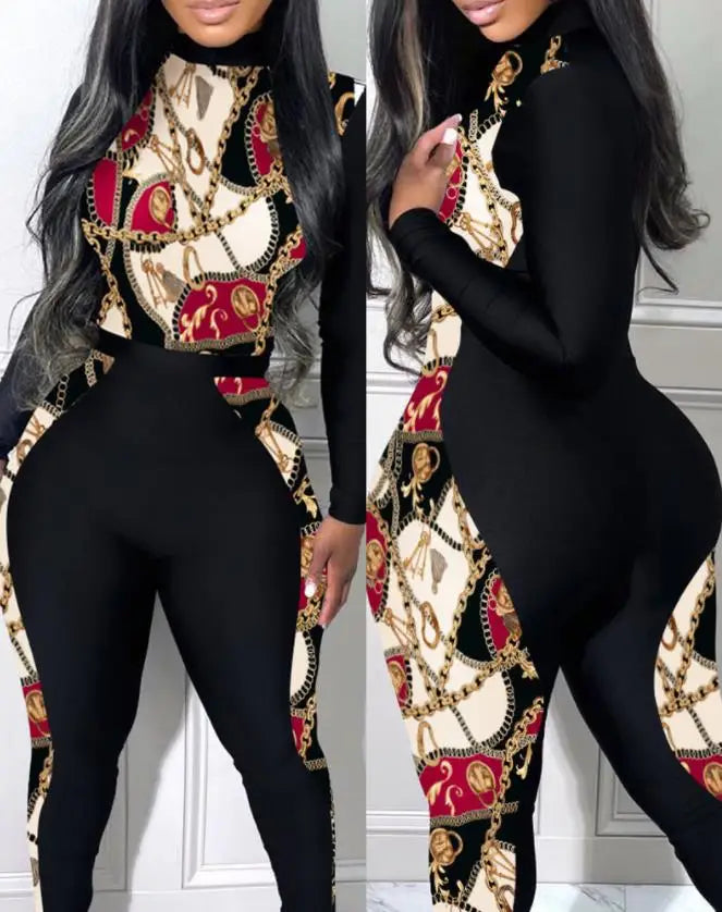 Plus Size Women's Jumpsuit Fashion Vintage Casual Daily Scarf Chain Print Patchwork Mock Neck Long Sleeve Skinny Jumpsuit