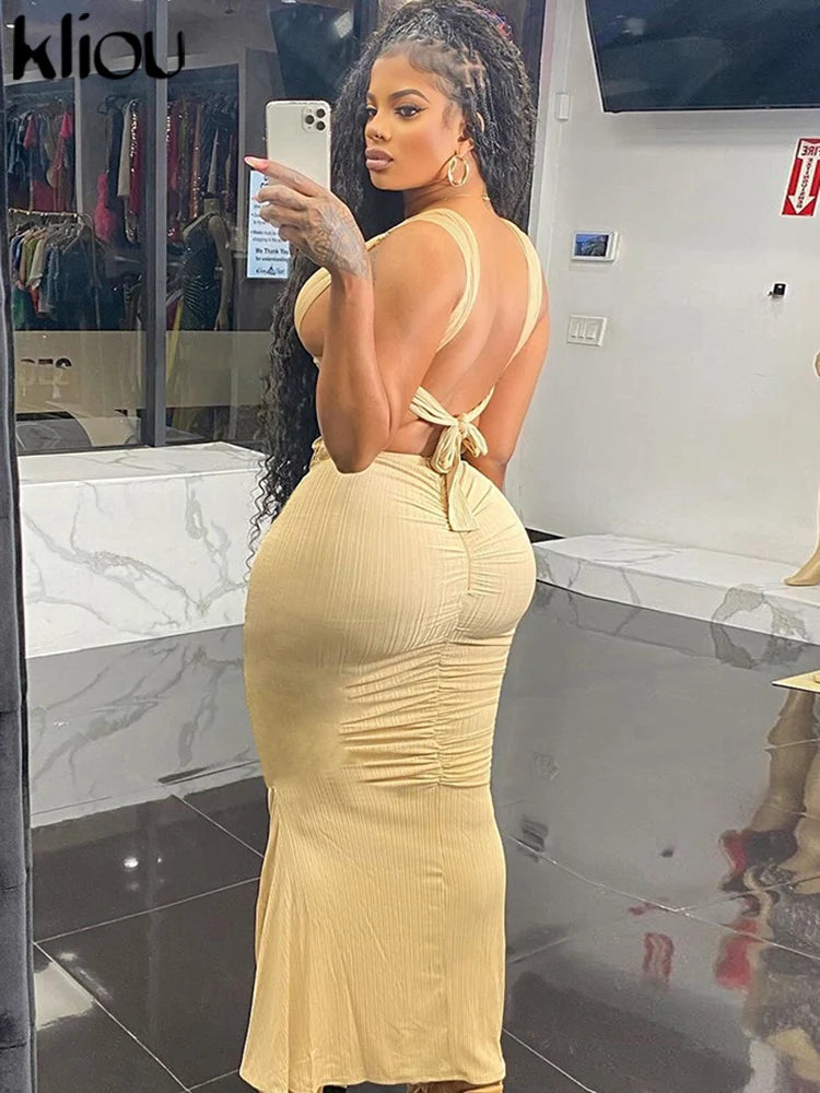 kliou Woven Shirring Women Long Dresses Solid Sexy Elegant Deep V-neck Hollow Stunning Bodycon Mujer High Street Party Vestidos