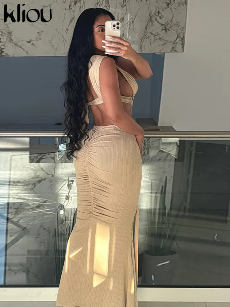 kliou Woven Shirring Women Long Dresses Solid Sexy Elegant Deep V-neck Hollow Stunning Bodycon Mujer High Street Party Vestidos