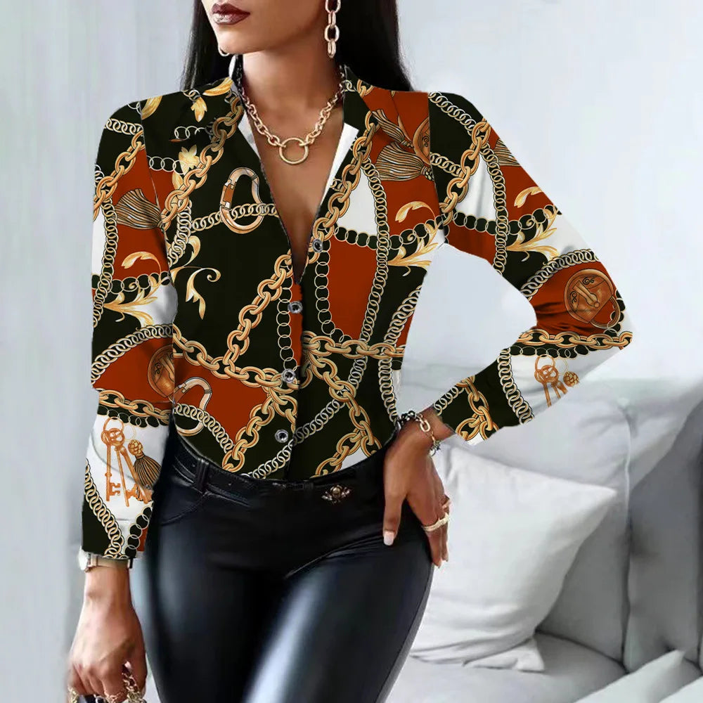 Elegant Office Ladies Turn Down Colar Blouseshirt Women Vintage Popular Printing Slim Shirts Autumn Fashion Long Sleeve Tops