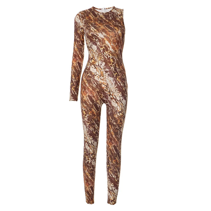CUTENOVA 2025 Spring Brown Single Shoulder Long Sleeve One Piece Jumpsuit Snake Print Back Zipper Jumpsuits For Women Sexy Wear