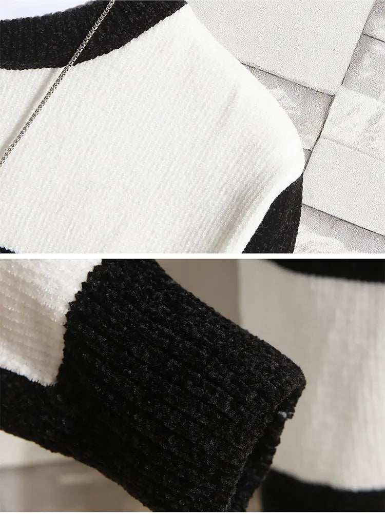 Men's Fashion Long Sleeve Round Neck Black and White Striped Chenille Sweater Autumn/winter Comfort Knit