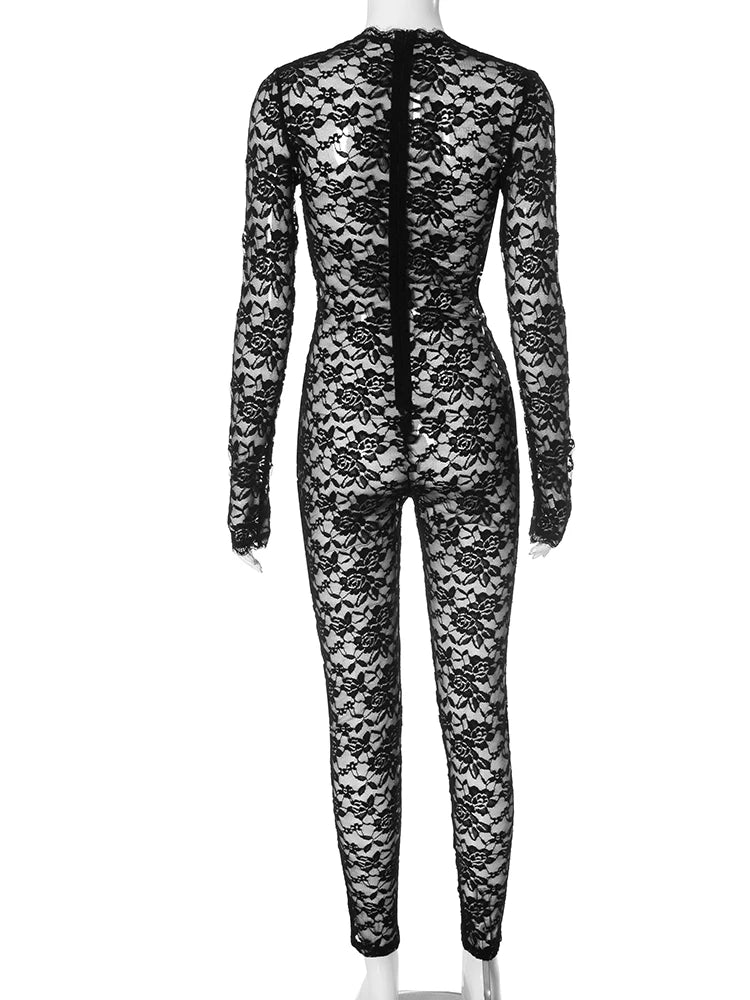 kliou Embroidered See Through Women Jumpsuits Sexy Hot Lace Deep V-neck Trim Skinny Overalls Female Stunning Nighout Clubwear