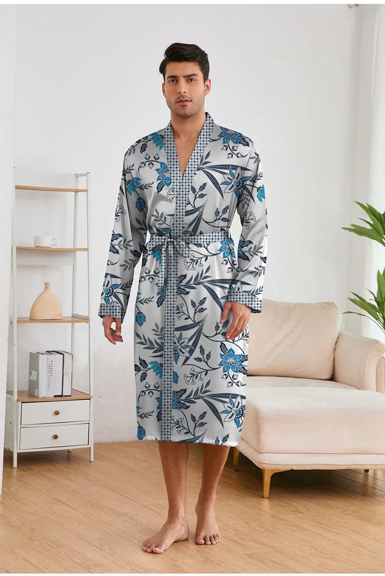 Spring Summer New Men Pajama 2PCS Robe Shorts Set Silky Satin Kimono Bathrobe Pants Lingerie Home Clothing Loungewear