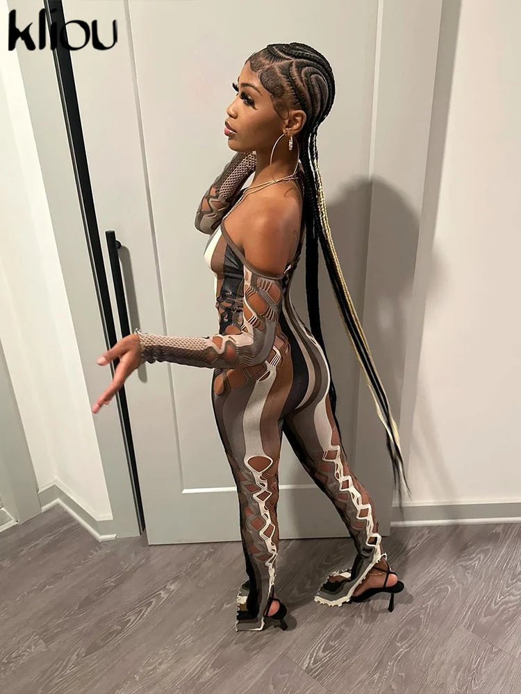 kliou Mesh Stripe Women Jumpsuits Hipster Sexy Thin See Through Off Shoulder Hollow Sheath Overalls Female Attractive One Piece