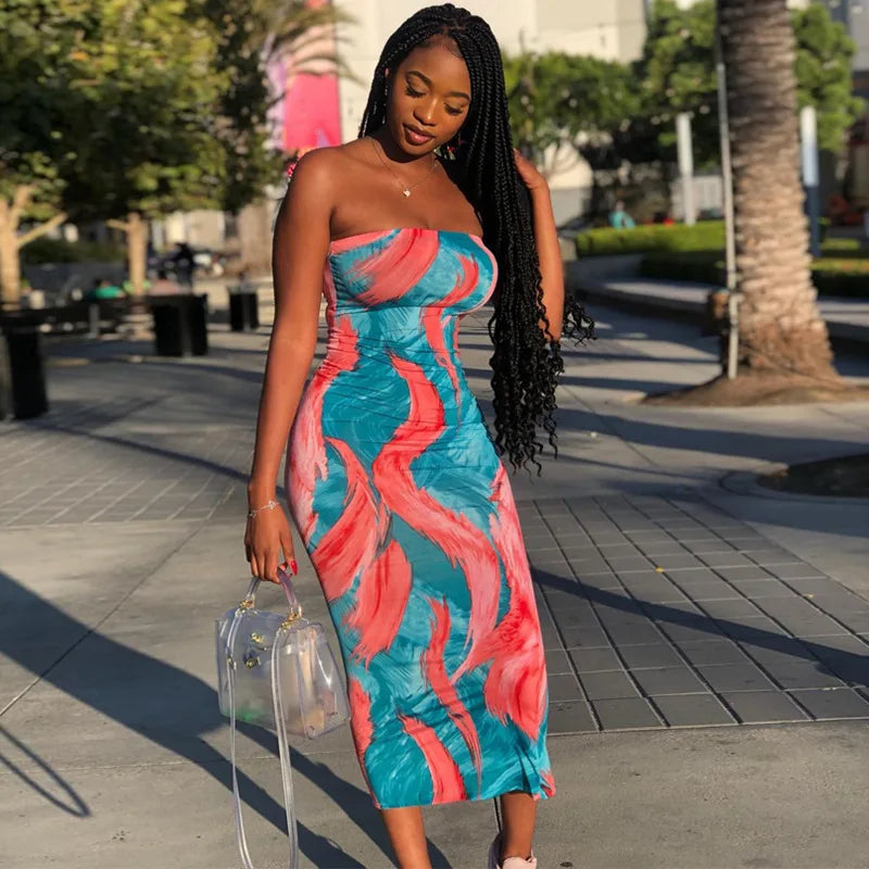 Tie Dye Bodycon Bandage Dress Women Midi Sexy Party Dresses Off Shoulder Strapless Summer Y2k Club Beach Elegant Long Vestidos