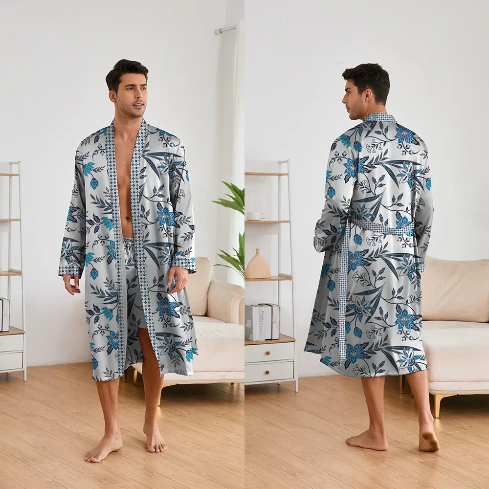 Spring Summer New Men Pajama 2PCS Robe Shorts Set Silky Satin Kimono Bathrobe Pants Lingerie Home Clothing Loungewear