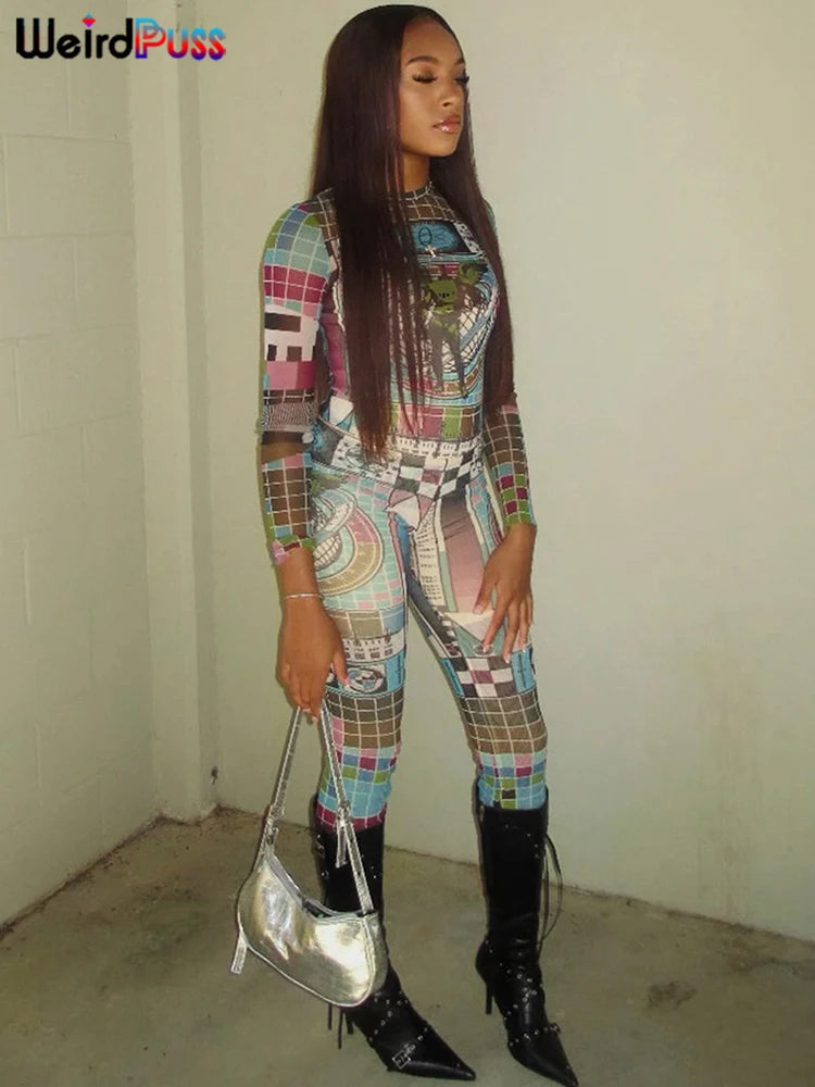 Weird Puss Pixel Print Women 2 Piece Set Tracksuit Colorful Full Sleeve Crop Tops+Leggings Stretch Matching Streetwear Outfits