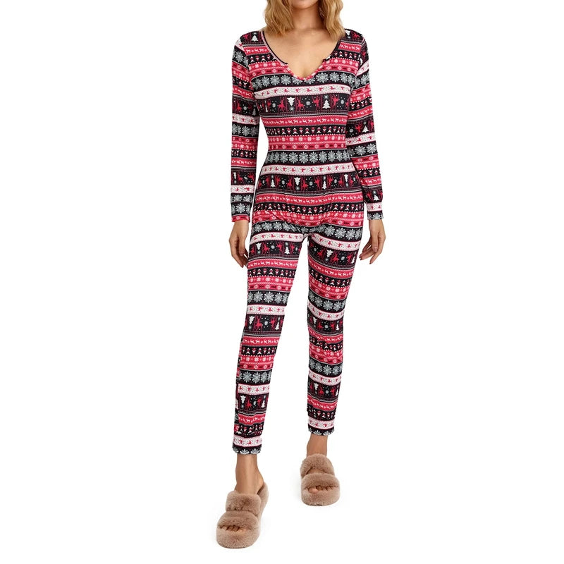 Women's Christmas Pajamas Romper Long Sleeve Zip Up Jumpsuit Button Bodycon Bodysuit Snowflake Plaid Print Loungewear