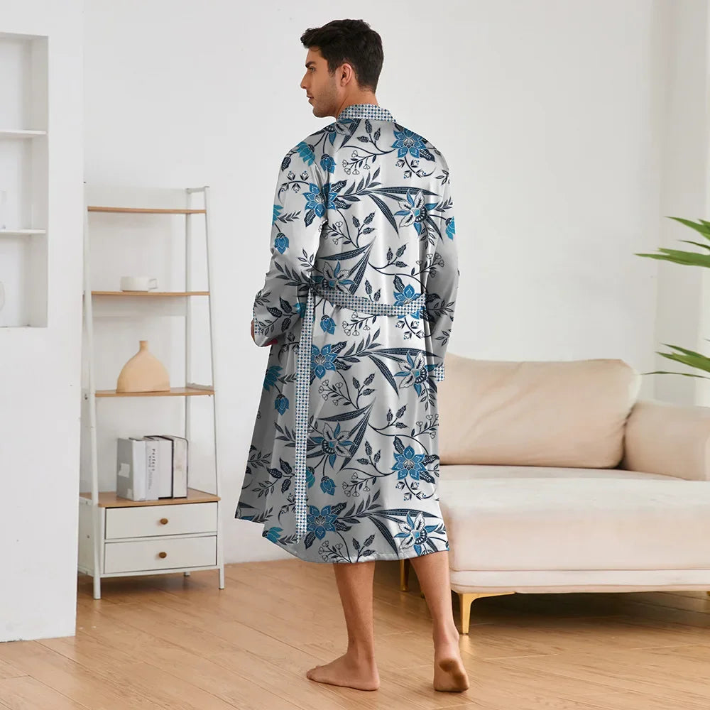 Spring Summer New Men Pajama 2PCS Robe Shorts Set Silky Satin Kimono Bathrobe Pants Lingerie Home Clothing Loungewear