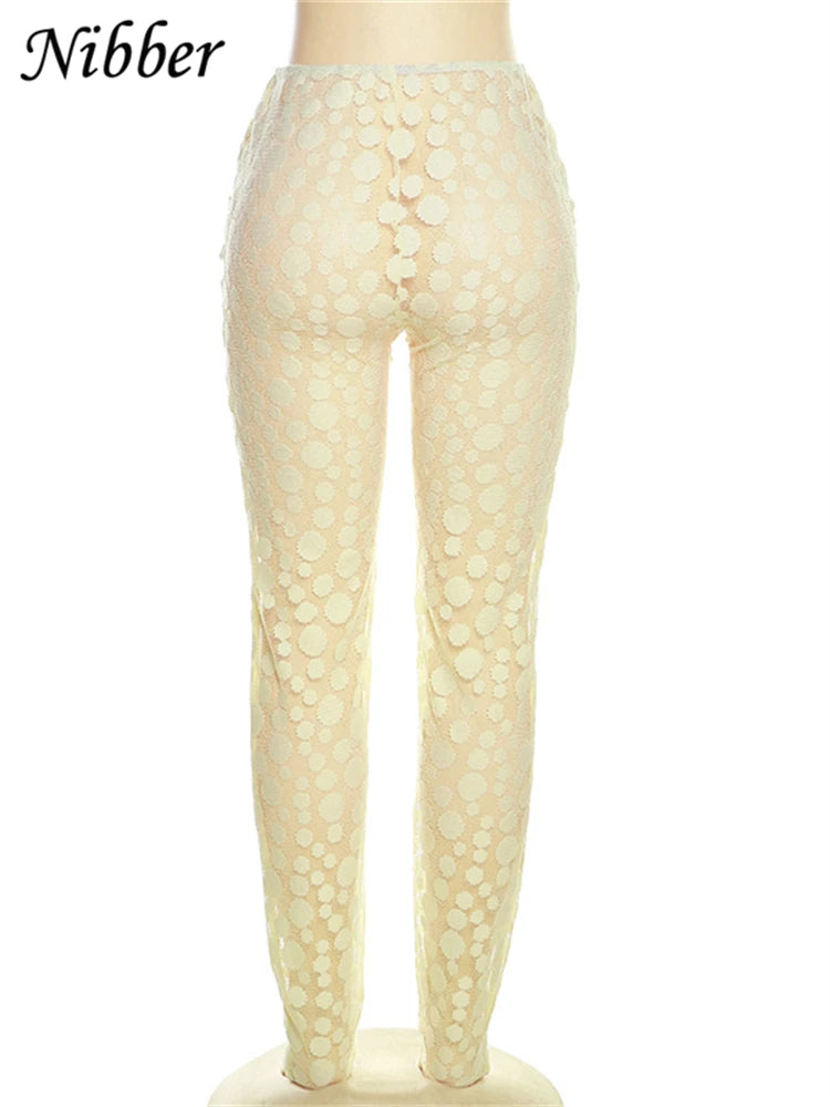 Nibber Embroidered Mesh Dots Leggings Women See Through Mid-waist Stretch Pants Skinny Ladies Trousers Elastic Streetwear Bottom