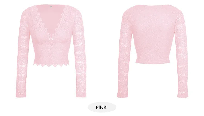 Sexy Deep V Hollow Out Lace Pullover Top For Women,Long Sleeve Shirts & Blouses,Women's Blouses Trend,Womens Tops And Blous