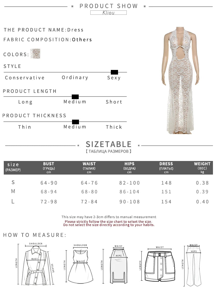 kliou Lace Halter Long Dress Women Summer Coquette Transparent Hollow Deep V-neck Ruched Trim Sheath Robe Midnight Club Vestidos