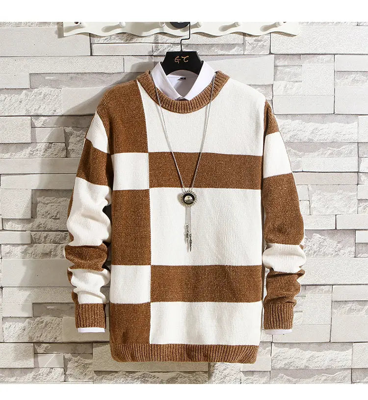 Men's Fashion Long Sleeve Round Neck Black and White Striped Chenille Sweater Autumn/winter Comfort Knit