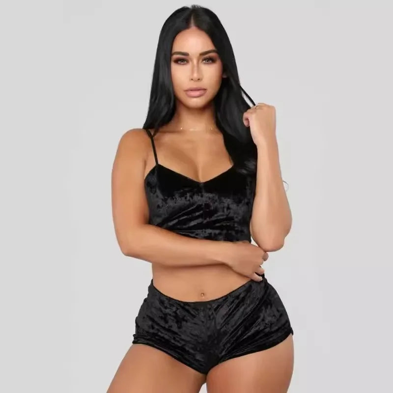 Sexy Velvet Pajamas V-Neck Lingerie Two Sets Women Suspenders Short Pants Loungewear