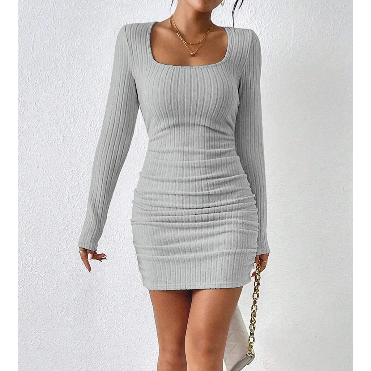 Mia Muse Women's Dresses Autumn Casual Fitting Slim Plain Knitted Long Sleeve Square Neck Mini Bodycon High Street Dresses