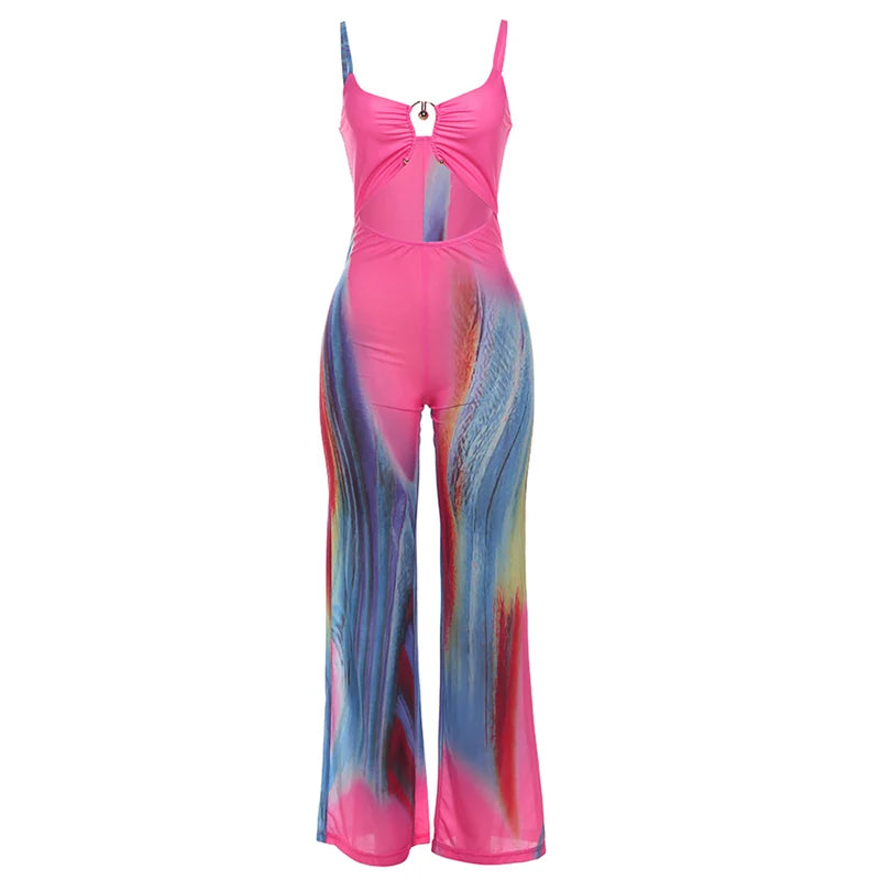 Weird Puss Colorful Print Jumpsuits Women See Through Summer Hollow Cirque Button Sleeveless Fitness Midnight Clubwear Overalls
