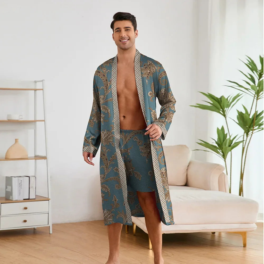 Spring Summer New Men Pajama 2PCS Robe Shorts Set Silky Satin Kimono Bathrobe Pants Lingerie Home Clothing Loungewear