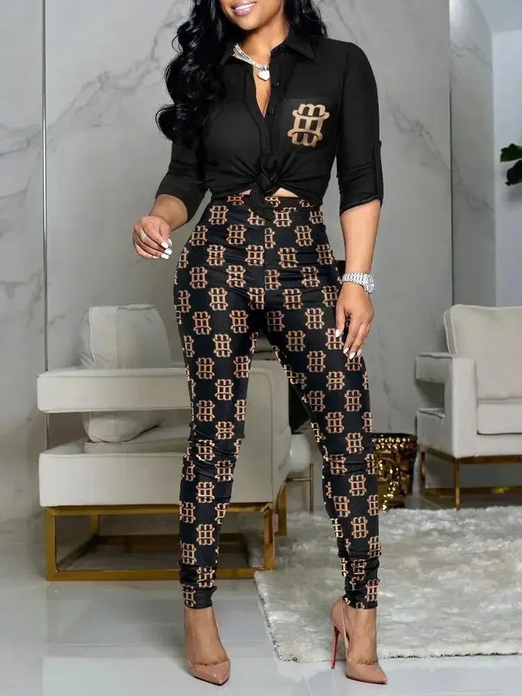 No worry Fashion 2 Piece Set Women Shirts and Wide Leg Pants Women Casual Print Half Sleeves Top & Design Trouser Two Pieces Sets