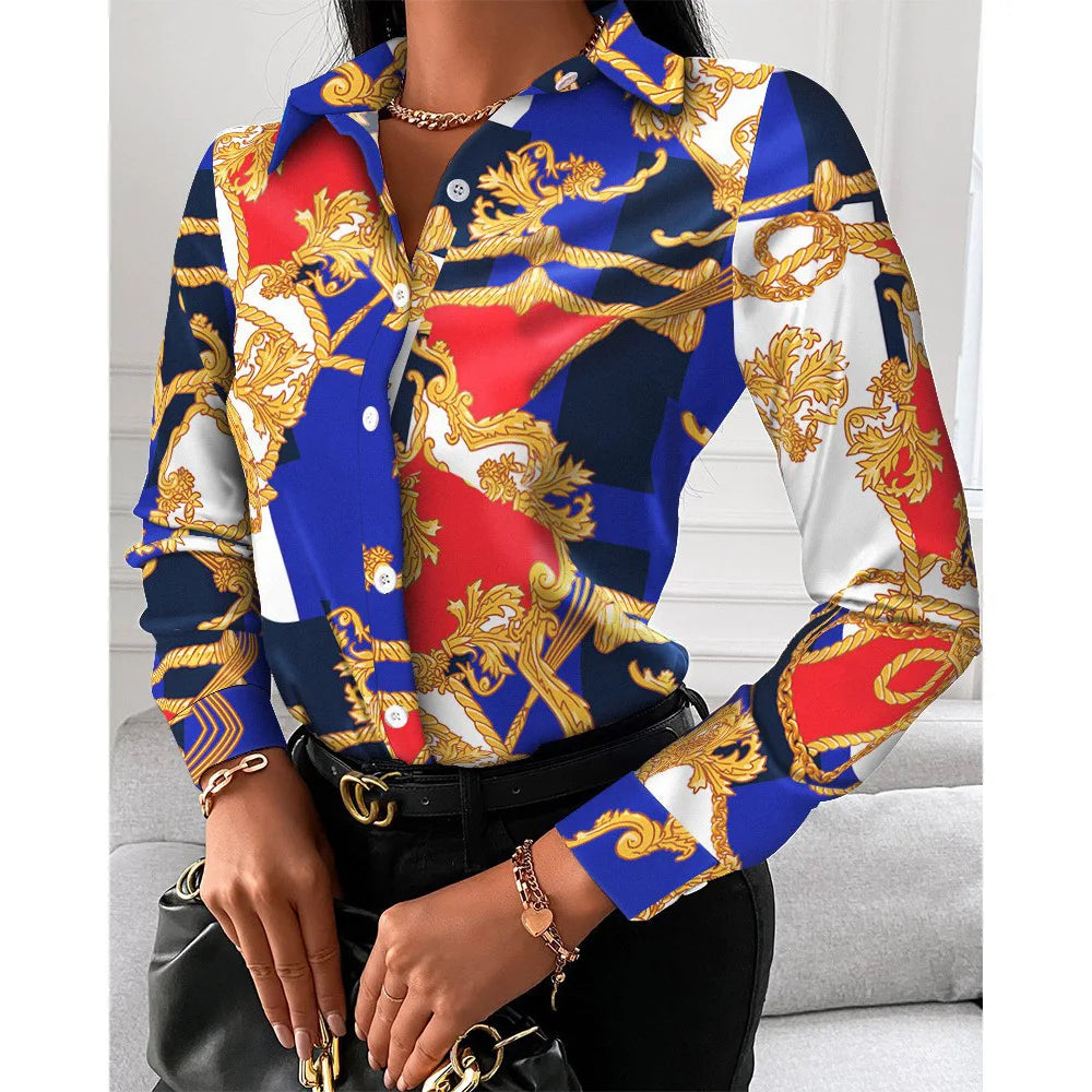Elegant Office Ladies Turn Down Colar Blouseshirt Women Vintage Popular Printing Slim Shirts Autumn Fashion Long Sleeve Tops