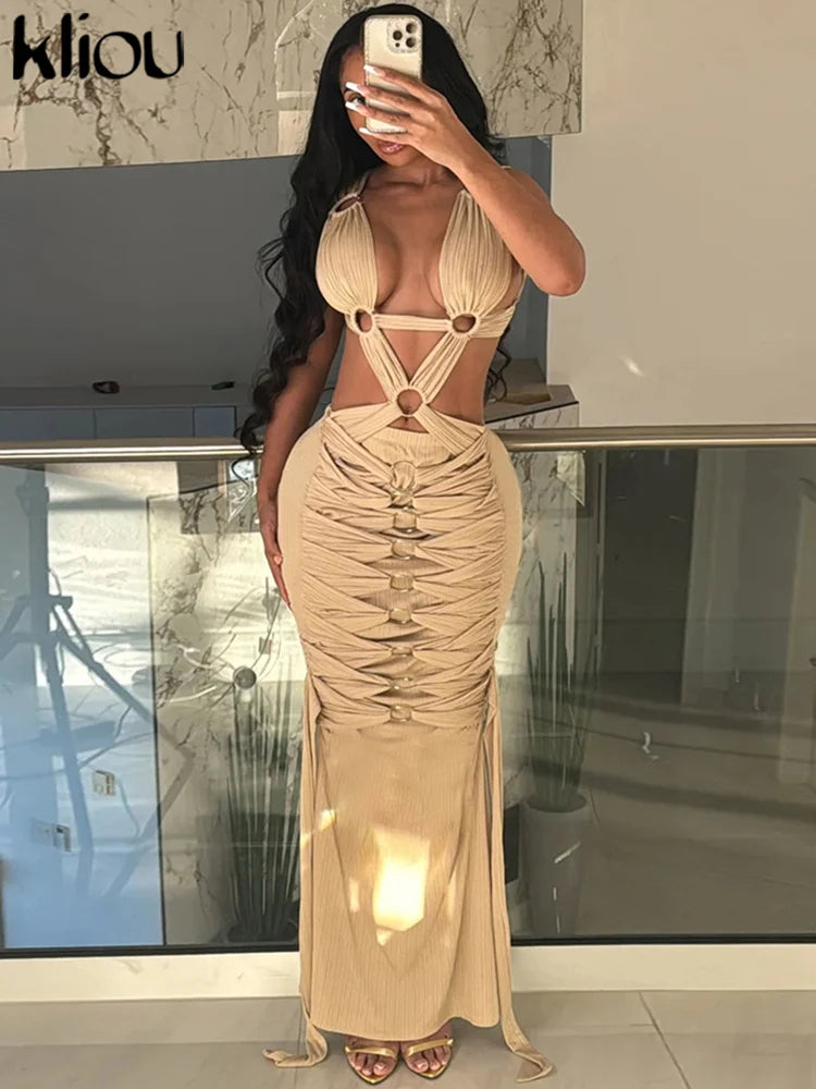 kliou Woven Shirring Women Long Dresses Solid Sexy Elegant Deep V-neck Hollow Stunning Bodycon Mujer High Street Party Vestidos
