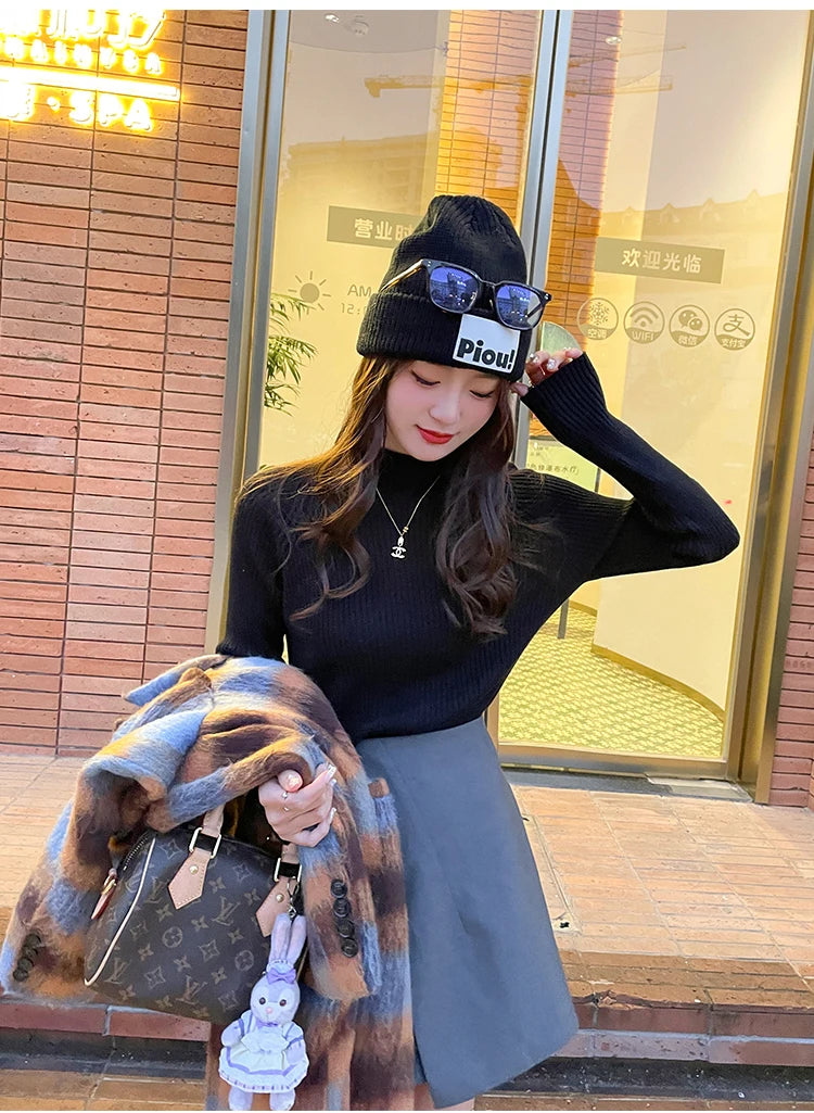 Autumn Winter Sweater Women Pullovers Long Sleeve Tops Clothes Slim Knit Soft Jumper Streetwear Button Turtleneck Sweater