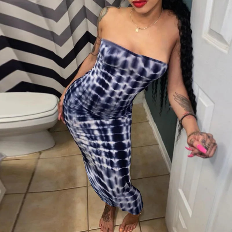 Spring And Summer Dresses For Women Chest Wrap Printed Off Shoulder Bandage Slim Sexy Long Dress