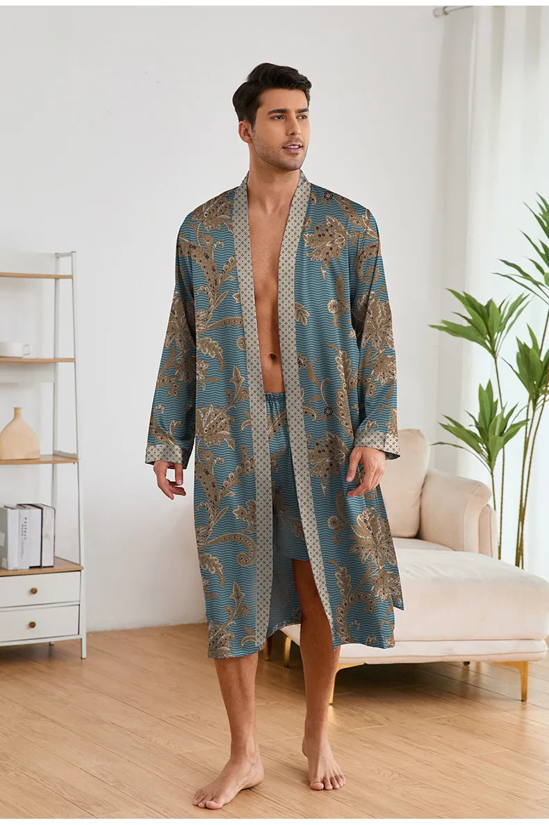 Spring Summer New Men Pajama 2PCS Robe Shorts Set Silky Satin Kimono Bathrobe Pants Lingerie Home Clothing Loungewear