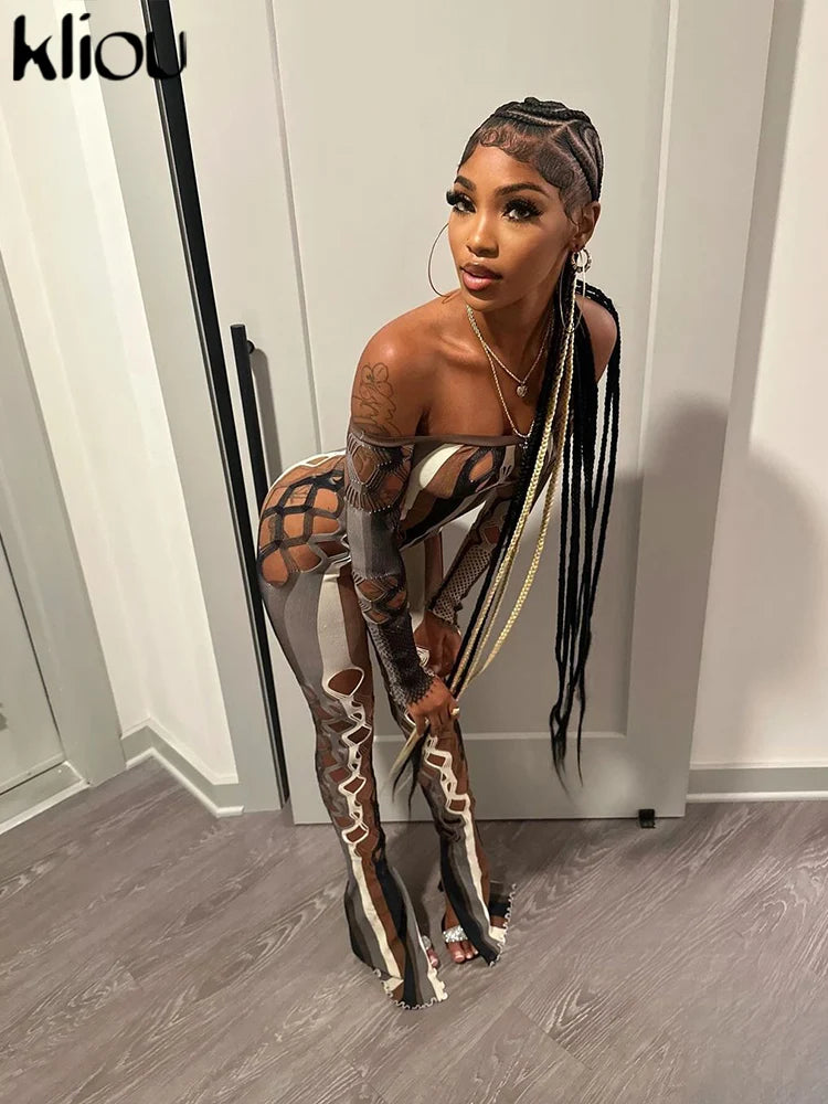 kliou Mesh Stripe Women Jumpsuits Hipster Sexy Thin See Through Off Shoulder Hollow Sheath Overalls Female Attractive One Piece