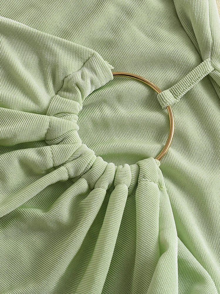 kliou Halter Bandage Women Mini Dress Concise Solid Sexy Deep V- Neck Backless Ruched Ruffle Robe Mujer Birthday Party Vestidos