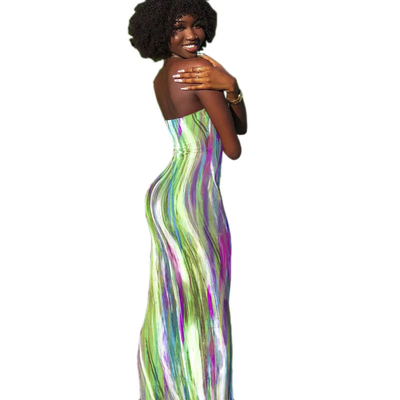 Spring And Summer Dresses For Women Chest Wrap Printed Off Shoulder Bandage Slim Sexy Long Dress