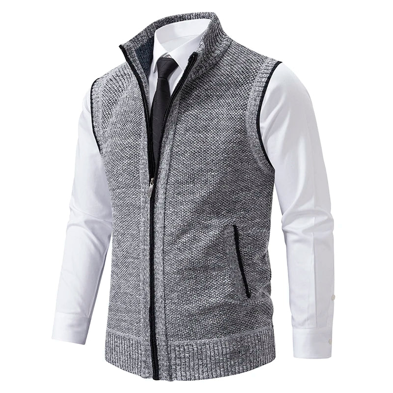 Vest Men's Knitted Sleeveless Sweater Wool Velvet Zipper Cardigan Turn-down Pullovers Turtleneck Sweatercoat Knit Waistcoat - FashionMojos.com