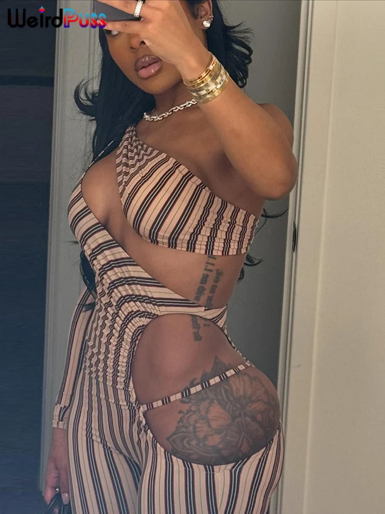 Weird Puss Sexy Hollow Jumpsuit Women Ruched Irregular Hipster Club Stripe Print Full Sleeve Midnight Activity Workout Overalls