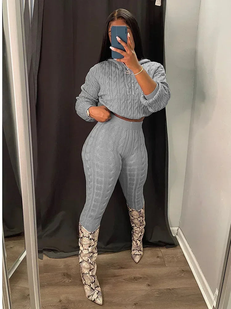 Women Two Piece Set Knit Ribbed Full Sleeve Hooded Shirt Grey