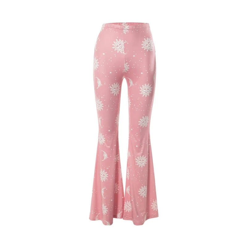 Summer Fashion Pink Pants Women Casual Slim Printed Long Flared Pants Streetwear Women Low-Rise Patchwork Abstract Y2k Pants