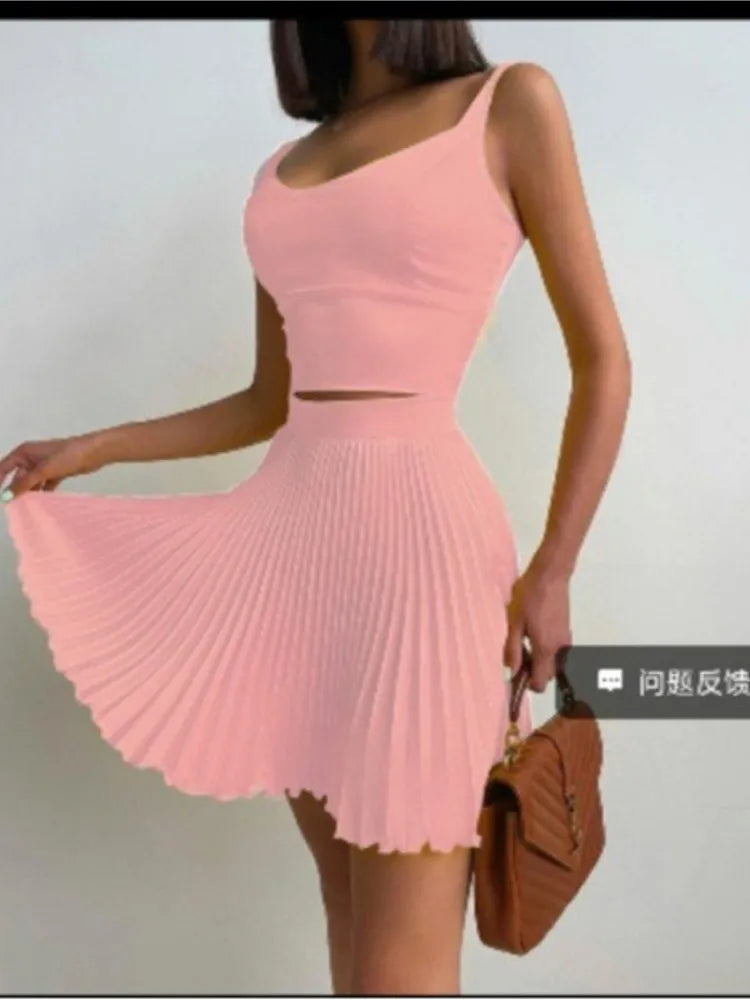 Sexy Printed Halter Pleated Short Skirt 2 Piece Set