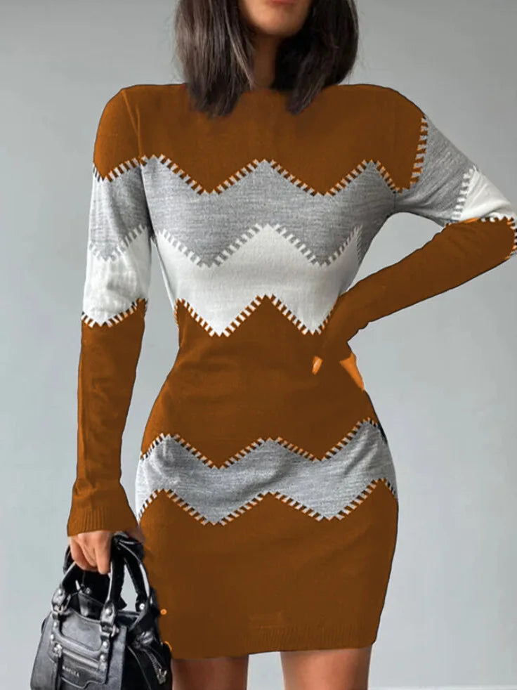 Fashion Print Knitted Mini Dress Women Autumn Winter O-neck Long Sleeve Dresses For Women Elegant Bodycon Package Hips Robe FashionMojos.com