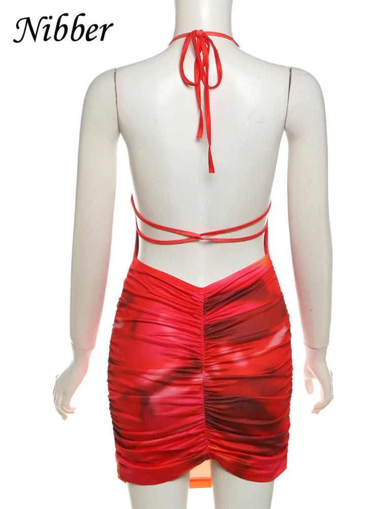 Nibber Spaghetti Strap Sexy Dress Women Y2K Backless Peach Hip Lace Up Bodycon Gradient Print Summer Beach Vacation Clubwear