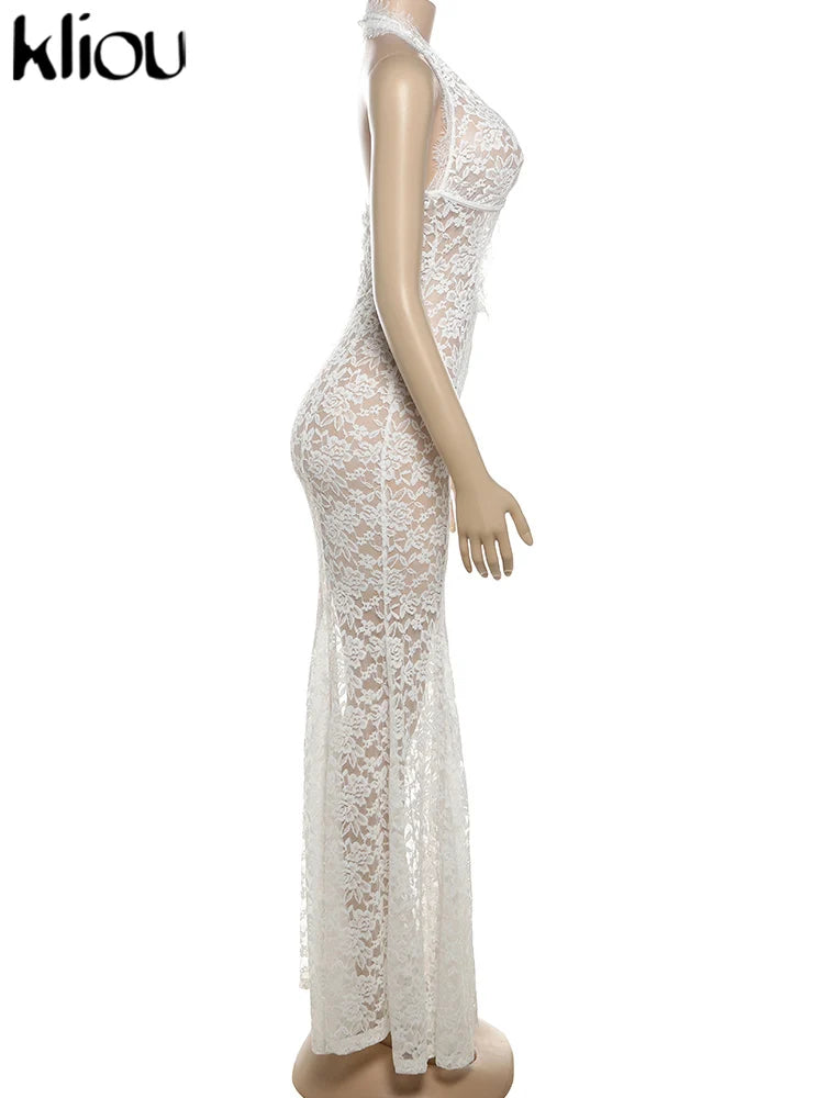 kliou Lace Halter Long Dress Women Summer Coquette Transparent Hollow Deep V-neck Ruched Trim Sheath Robe Midnight Club Vestidos