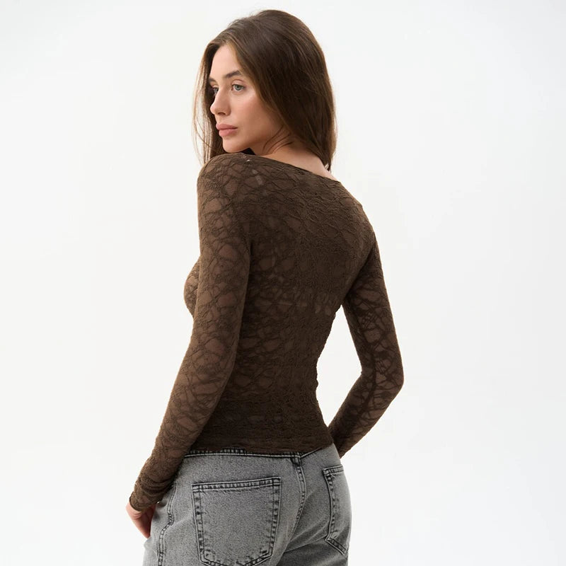 CUTENOVA Lace Women'S Tops Hollow Out Basic Casual Elegant Long Sleeve Tops See-Through Party For Sexy Lady Fashion Street Tops