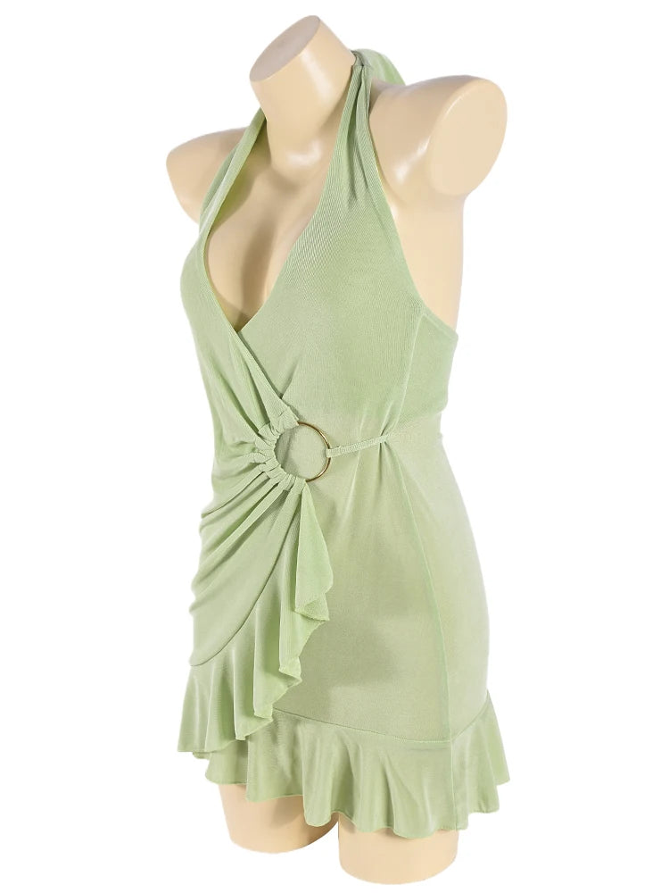 kliou Halter Bandage Women Mini Dress Concise Solid Sexy Deep V- Neck Backless Ruched Ruffle Robe Mujer Birthday Party Vestidos