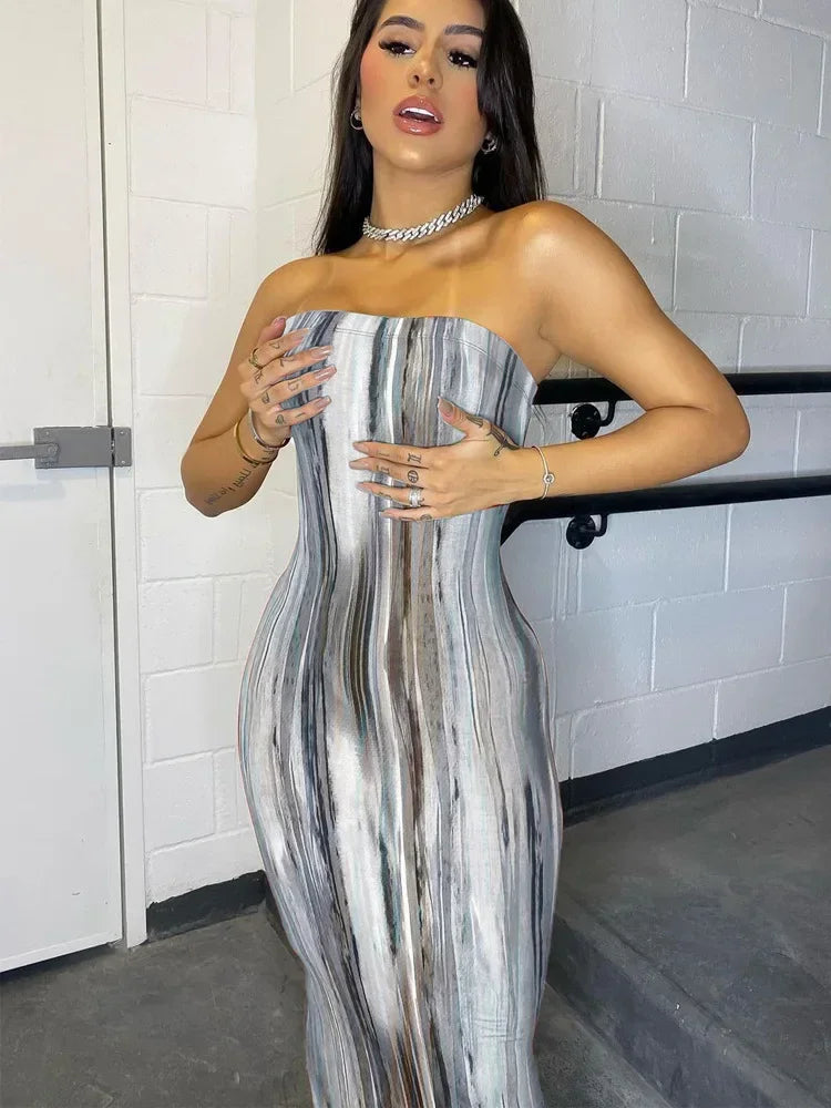 Tie Dye Bodycon Bandage Dress Women Midi Sexy Party Dresses Off Shoulder Strapless Summer Y2k Club Beach Elegant Long Vestidos