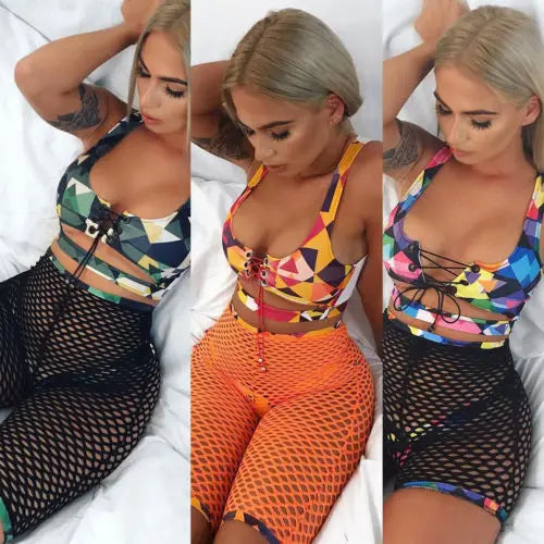 Women Colorful Bathing Suit, Three-piece Bandage Swimsuit, Tops Swim Trunks Net Pants Set Beachwear, Summer Seaside Bikinis