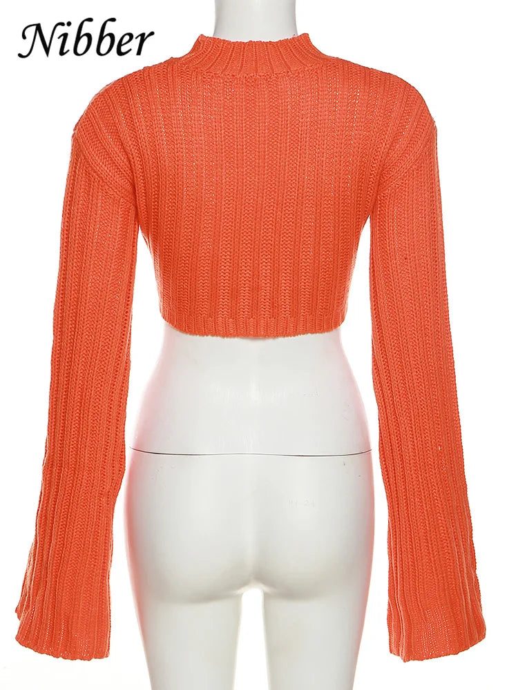 Nibber Autumn Solid Color Pullovers Clother For Women O-neck Midriff-baring Long-sleveed All-match Sweater Streetwear Travel
